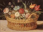 unknow artist Still life of roses,tulips,chyrsanthemums and cornflowers,in a wicker basket,upon a ledge oil